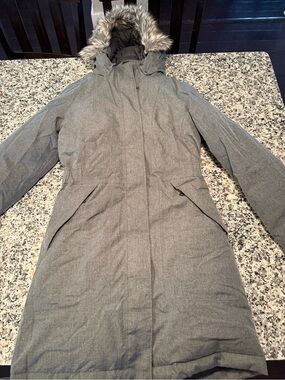 The North Face Women’s Gray Hooded Long Trench Coat with Faux Fur Trim